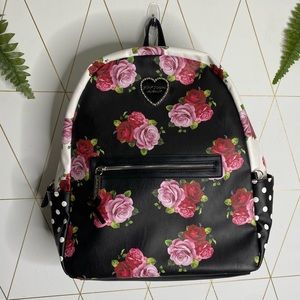 NWOT Betsey Johnson floral rose backpack polka dot white black